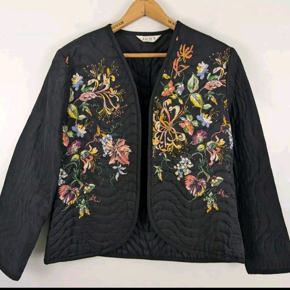Vtg Collarless Quilted Jacket Blazer Black Silkscreen Asian Floral  Lightweight